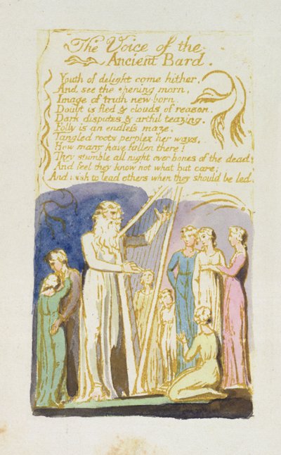 "صوت الشاعر القديم" ، اللوحة 31 من "أغاني البراءة" ، 1789 (النقش البارز مع مرحاض) بواسطة وليام بليك